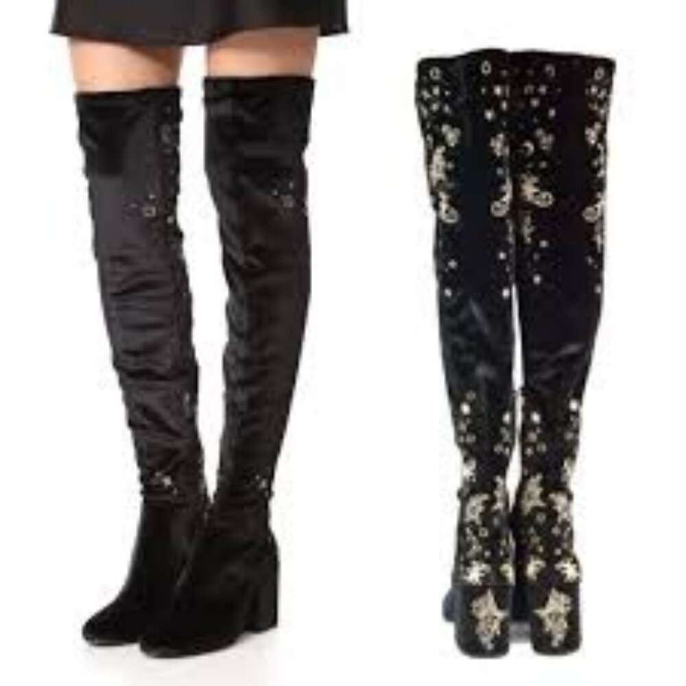 ASH Eros Velvet Boho Black Tall Boots Embroidered Over-The-Knee Sz 37 US 6.5